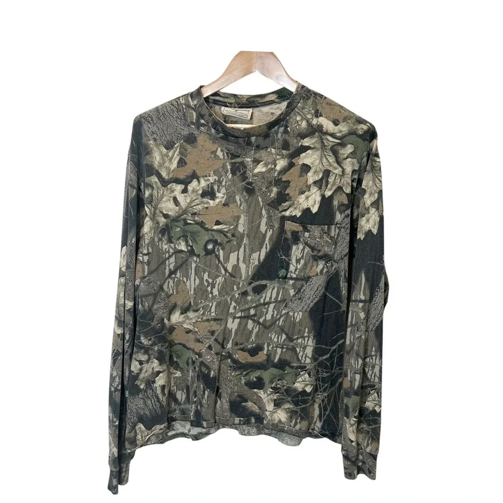 VTG 90s Mossy Oak Break-Up Camo Distressed‎ LS Pocket Tee Large USA Grunge
